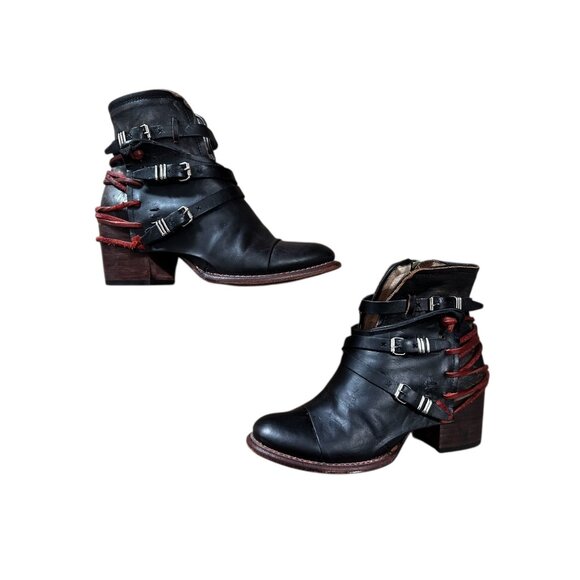 FreeBird Crue Leather Backlace Boots Women 8 Black Buckle Moto Western Rockstar - Picture 7 of 16